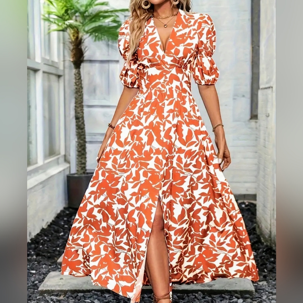 NWOT Floral Orange and White Maxi Dress Size Large Unbranded